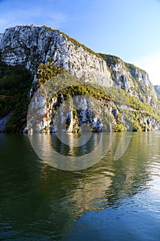 The Gorge of the Danube river seen from the Romanian bank. The Serbian bank the right bank of the river in background.