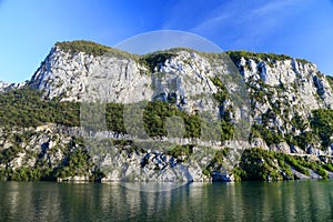 The Gorge of the Danube river seen from the Romanian bank. The Serbian bank the right bank of the river in background.