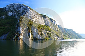 The Gorge of the Danube river seen from the Romanian bank. The Serbian bank the right bank of the river in background.