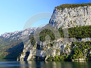 The Gorge of the Danube river seen from the Romanian bank. The Serbian bank the right bank of the river in background.