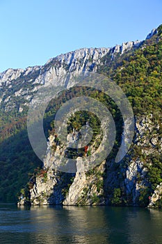 The Gorge of the Danube river seen from the Romanian bank. The Serbian bank the right bank of the river in background.