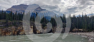 Gorge Exit of Athabasca Falls with Mountain and Tress