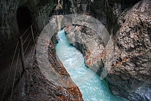 Gorge or ravine - deep valley with straight sides. Partnachklamm in Garmisch-Partenkirchen, Germany.