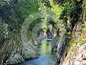 A gorge with white rocks on the edges