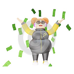 A Gorgeous 3D Funny Girl Cartoon Illustration under a money rain