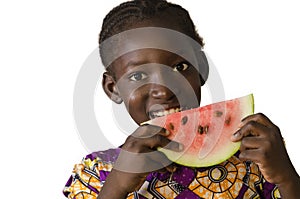 Gorgeous African black child eating some watermelon, isolated on