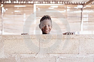 Gorgeous African Black Girl Portrait Behind Wall Toothy Smile