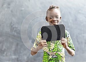 Gorgeous African Girl Woman Holding Blackboard Sign with Copy Space