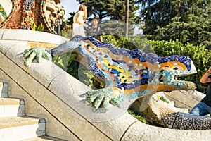 Gorgeous and amazing Park Guel in Barcelona. Barcelona Park Guell of Gaudi Snake and four Catalan bars in modernism