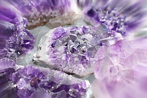 Gorgeous Amethyst Gemstones Close Up With Zoom Burst Effect For Crystal Healing And Meditation