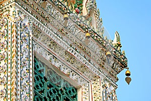 Architectural Details of the Pavilion Called Phra Mondop of The Temple of Dawn Wat Arun with Wind Chimes, Bangkok, Thailand