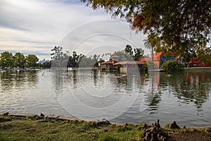 A gorgeous autumn landscape at Lincoln Park with a lake surrounded by lush green palm trees and plant, an orange building