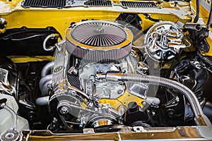 Gorgeous beautiful view of vintage classic retro car detailed engine and parts