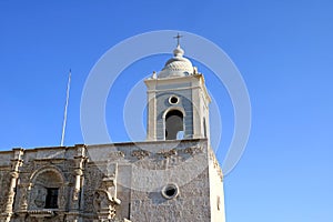 Gorgeous Belfry and Facade of the Church of Saint Augustine in Arequipa, Peru