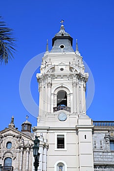 Gorgeous Bell Tower of The Basilica Cathedral of Lima, a Remarkable Landmark on Plaza Mayor, Historic Centre of Lima, Peru