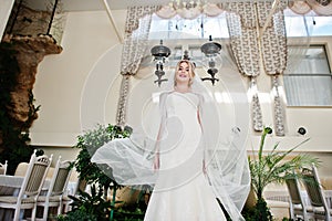 Gorgeous blonde bride with long veil