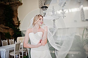 Gorgeous blonde bride with long veil