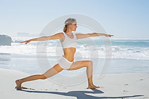 Gorgeous blonde in warrior pose by the sea