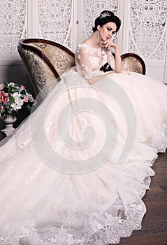 Gorgeous bride with dark hair in luxuious wedding dress