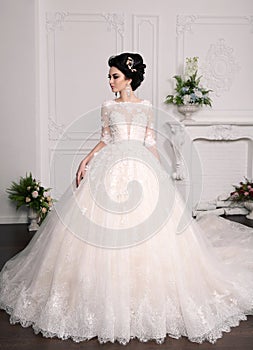 Gorgeous bride with dark hair in luxuious wedding dress