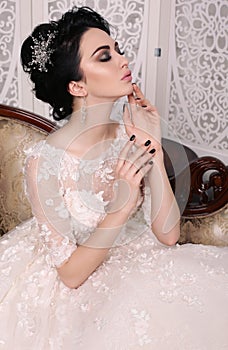 Gorgeous bride with dark hair in luxuious wedding dress