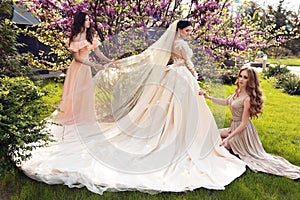 Gorgeous bride in luxurious wedding dress, posing with beautiful bridesmaids in elegant dresses