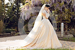 Gorgeous bride in luxurious wedding dress, posing in blossom garden