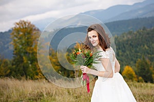 Gorgeous bride portrait, elegant woman in white wedding dress,