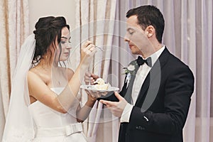 Gorgeous bride and stylish groom tasting their stylish wedding cake at wedding reception in restaurant. happy newlywed couple