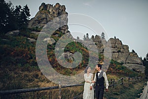 Gorgeous bride and stylish groom walking at sunny landscape, wed