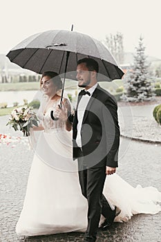 Gorgeous bride and stylish groom walking under umbrella in rainy