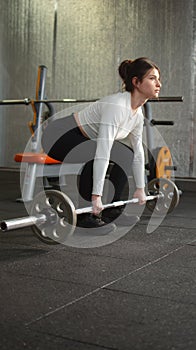 Gorgeous brunette female with long braids doing squats using barbell. Side view of srtong concentrated fitnesswoman with perfect