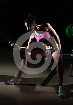 Gorgeous brunette lifting some weights and working on her biceps in a gym. Fitness woman doing workout. Sporty girl doing exercise