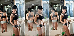 Gorgeous brunette working on her muscles in a gym, mirror reflection. Fitness woman doing workout. Sporty girl doing exercise