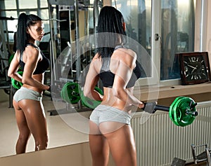 Gorgeous brunette working on her muscles in a gym, mirror reflection. Fitness woman doing workout. Sporty girl doing exercise