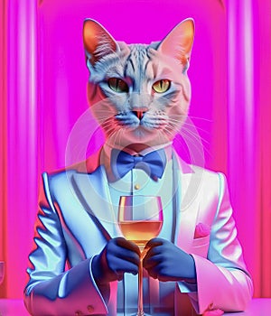 Gorgeous cat in a beautiful interior with a glass of wine. Romance and congratulations