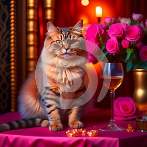 Gorgeous cat in a beautiful interior with a glass of wine. Romance and congratulations