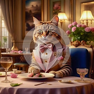 Gorgeous cat in a beautiful interior with a glass of wine. Romance and congratulations