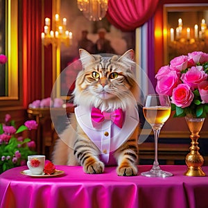 Gorgeous cat in a beautiful interior with a glass of wine. Romance and congratulations