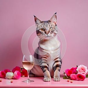 Gorgeous cat in a beautiful interior with a glass of wine. Romance and congratulations