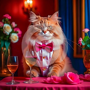 Gorgeous cat in a beautiful interior with a glass of wine. Romance and congratulations