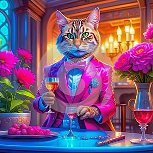 Gorgeous cat in a beautiful interior with a glass of wine. Romance and congratulations