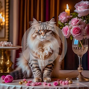 Gorgeous cat in a beautiful interior with a glass of wine. Romance and congratulations