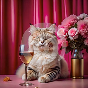 Gorgeous cat in a beautiful interior with a glass of wine. Romance and congratulations