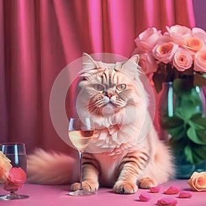 Gorgeous cat in a beautiful interior with a glass of wine. Romance and congratulations