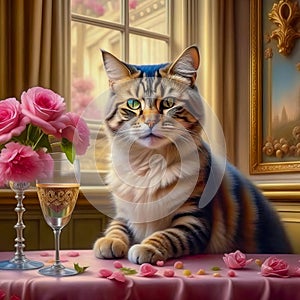 Gorgeous cat in a beautiful interior with a glass of wine. Romance and congratulations