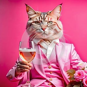 Gorgeous cat in a beautiful interior with a glass of wine. Romance and congratulations