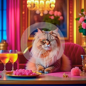 Gorgeous cat in a beautiful interior with a glass of wine. Romance and congratulations