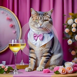 Gorgeous cat in a beautiful interior with a glass of wine. Romance and congratulations