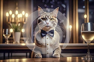 Gorgeous cat in a beautiful interior with a glass of wine. Romance and congratulations